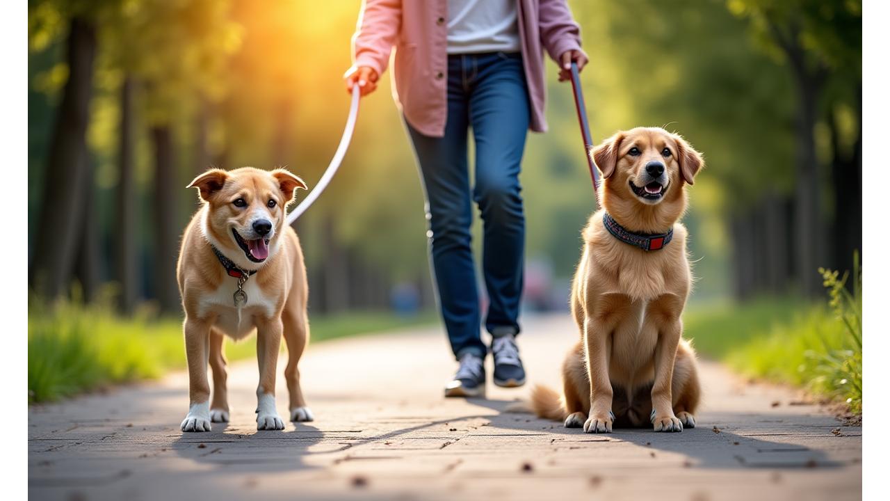 Perro feliz y obediente realizando un truco al lado de su dueño, en contraste con un perro tirando de la correa en una imagen 'antes'.
