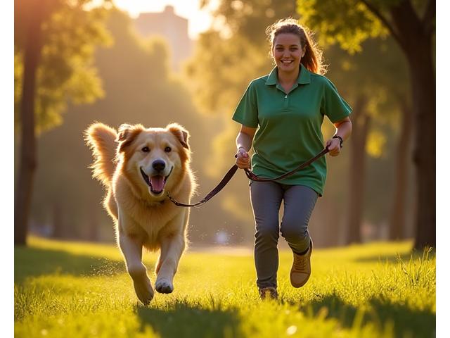 Perro feliz corriendo con un paseador de CanTerra Walks en un parque de Madrid, simbolizando la alegría y el cuidado que ofrecemos.