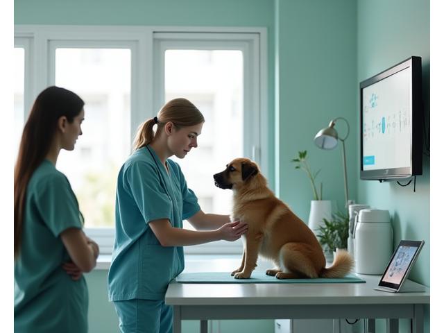 Un veterinario examinando a un perro con una dueña preocupada al lado, ilustrando la preparación para emergencias y la comunicación de CanTerra Walks