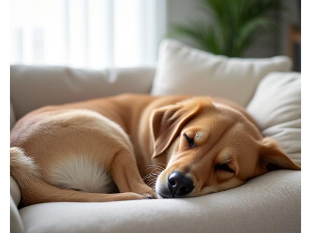 Perro feliz descansando en un sofá cómodo y acogedor en su casa, transmitiendo tranquilidad y seguridad en el servicio de pet sitting de CanTerra Walks