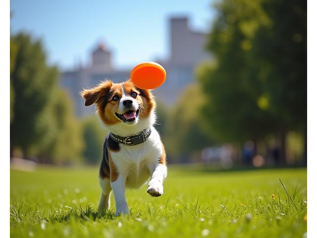 Perro de raza mediana jugando con una pelota en un jardín, feliz y activo, representando el cuidado de perros de CanTerra Walks