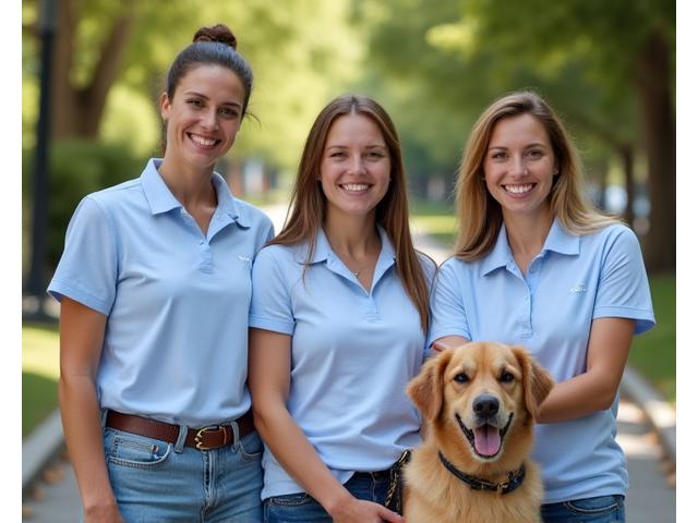 Un equipo de cuidadores profesionales de mascotas sonriendo, con un perro amigable en el centro, transmitiendo profesionalismo y confianza en el proceso de selección de CanTerra Walks.