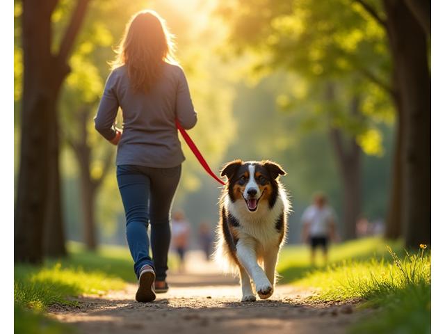 Un perro golden retriever feliz siguiendo su rutina diaria con paseador en un parque, mostrando la continuidad en el cuidado de mascotas
