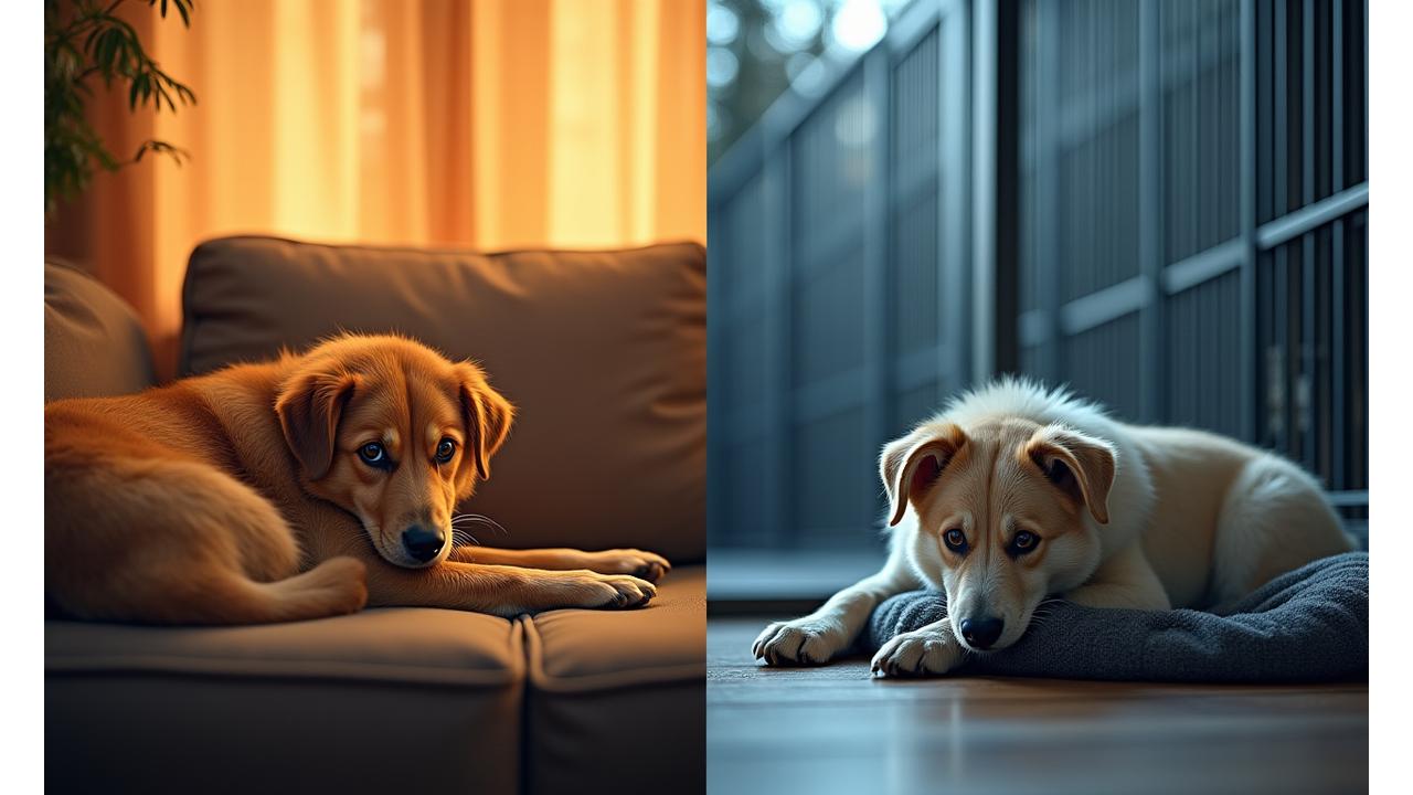 Un gráfico comparativo visual mostrando una casa acogedora con un perro feliz vs. una jaula de guardería con un perro estresado, enfatizando los beneficios del pet sitting en casa