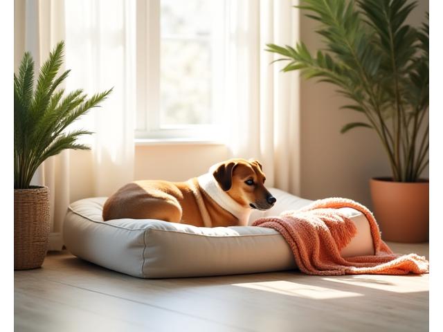 Un acogedor rincón de descanso con una cama ortopédica para perros, mantas suaves y un cuenco de agua, en un espacio bien iluminado y tranquilo.