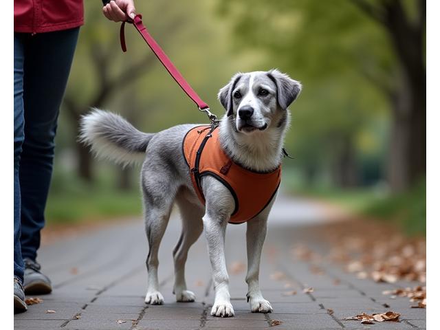 Un perro senior de tamaño mediano usando un arnés de soporte suave que distribuye el peso, ayudándole a caminar en un parque. Su cuidador sostiene suavemente el asa.