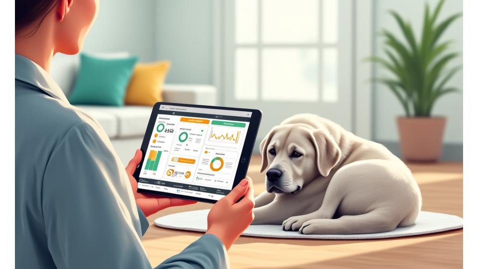 Ilustración de una persona con un tablet registrando los datos de salud de un perro senior calmado. Iconos de signos vitales y gráficos de tendencias aparecen en la pantalla. Estilo limpio y moderno.
