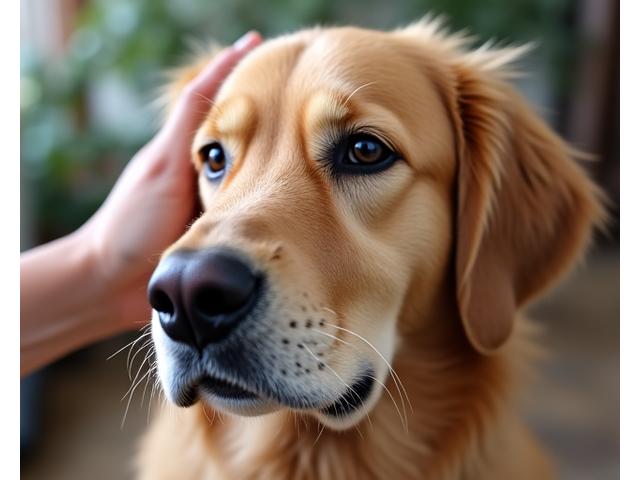 Un golden retriever senior con un pelaje gris alrededor de su hocico, siendo acariciado suavemente por una persona. La escena transmite calidez, amor y tranquilidad.