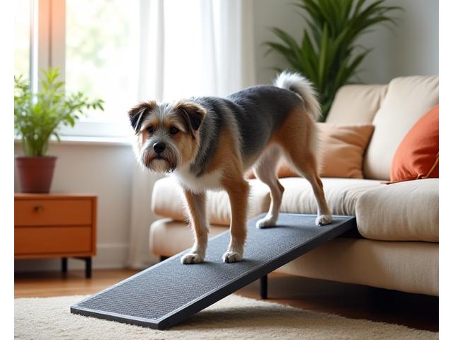 Un pequeño perro senior de raza terrier utilizando una rampa antideslizante para subir al sofá, con facilidad y seguridad.