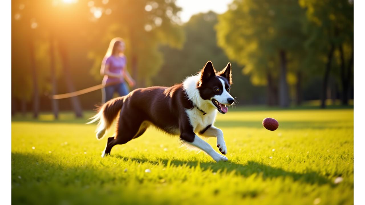 Perro de alta energía feliz corriendo en un campo abierto, con un adiestrador profesional supervisándolo.