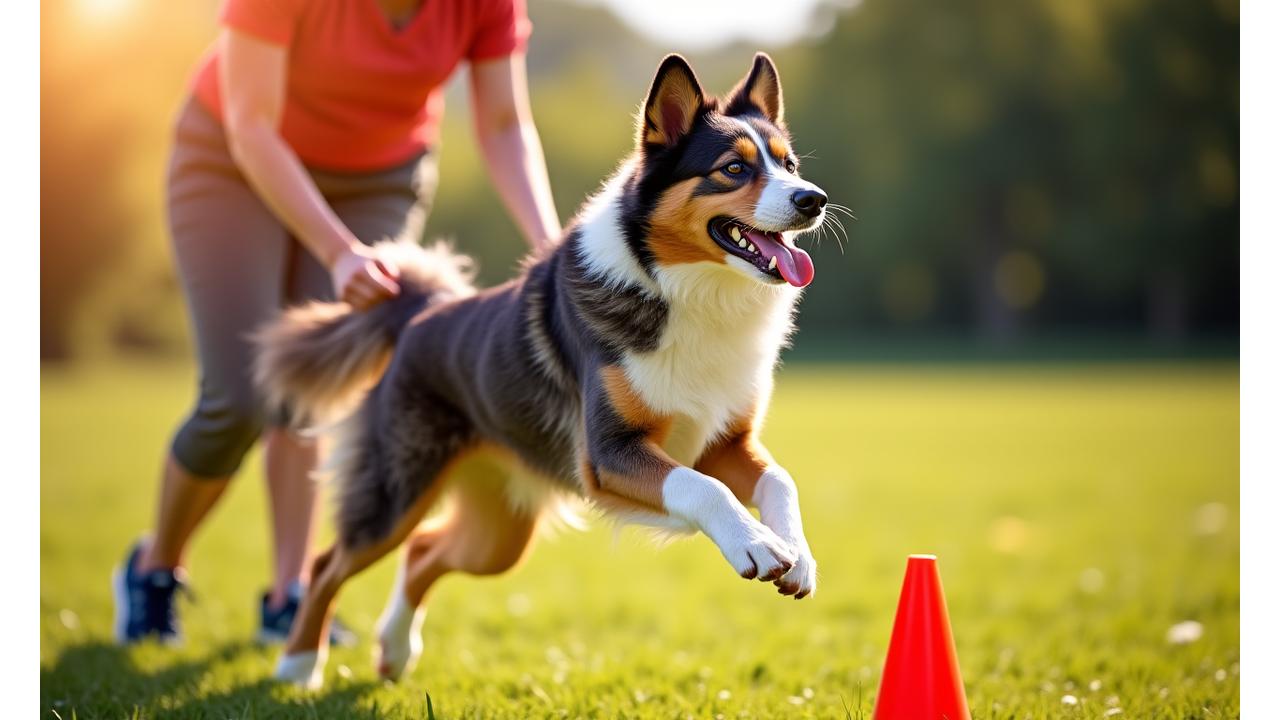 Perro de alta energía realizando agility o corriendo a máxima velocidad con un instructor.