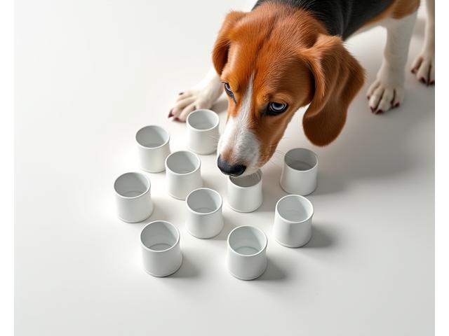 Perro concentrado oliendo diferentes recipientes para discriminar un olor específico.