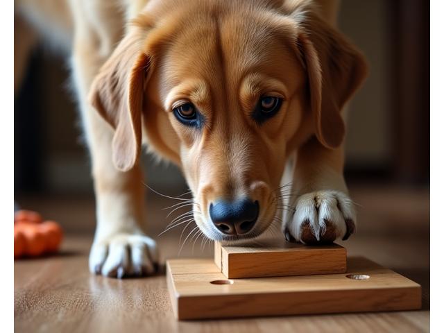 Perro resolviendo un juego de rompecabezas complejo.