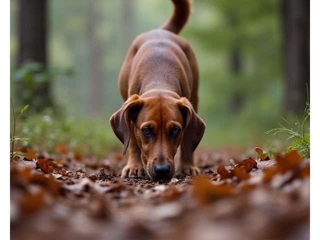Perro siguiendo un rastro o buscando objetos escondidos con su olfato.
