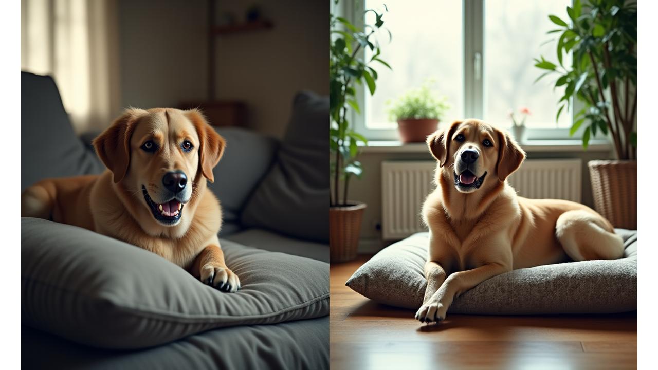 Perro antes estresado en un interior desordenado y después relajado y feliz en un entorno tranquilo.