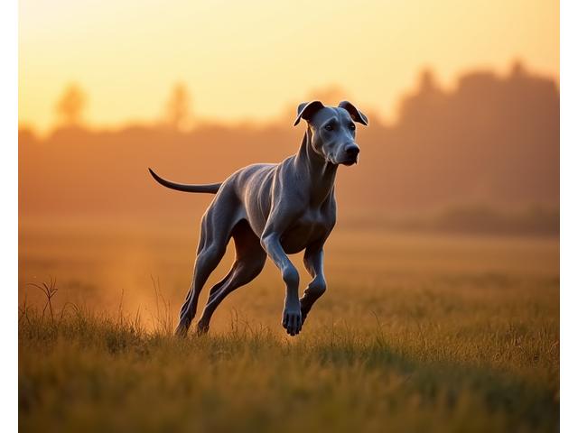 Weimaraner corriendo en un campo, mostrando su velocidad.