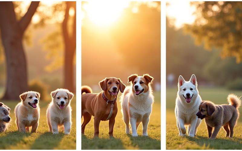 Conjunto de tres imágenes: un cachorro interactuando juguetón, un perro adulto en socialización tranquila, y un perro senior disfrutando de un paseo suave con otros perros de su edad