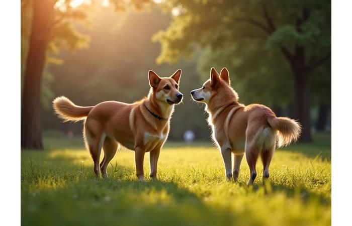 Un perro de tamaño mediano, antes ansioso, ahora relajado y feliz interactuando suavemente con otro perro bajo la guía de un experto en un espacio verde y tranquilo