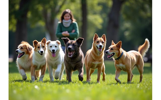 Perros de diversas razas y tamaños jugando armoniosamente en un parque verde bajo la supervisión de un paseador de CanTerra Walks