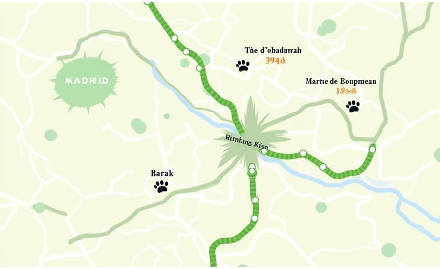 Mapa detallado de Madrid marcando diversas rutas de paseo grupal en parques como el Retiro, Madrid Río y Casa de Campo, con iconos de perros paseando