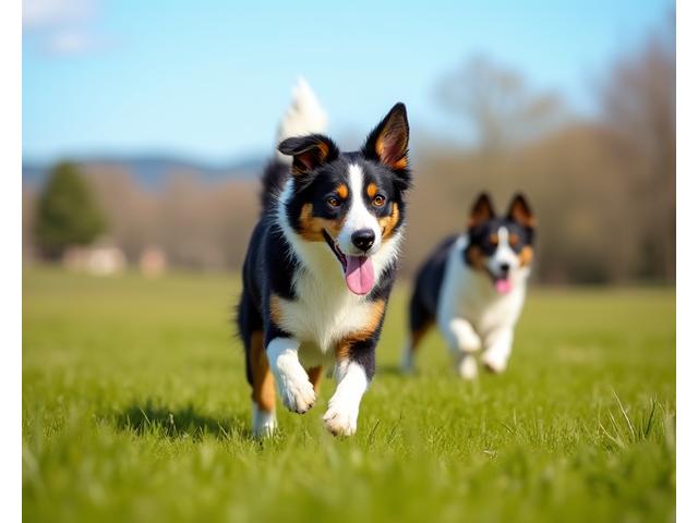 Bruno, un perro de alta energía, corriendo felizmente con un grupo de perros en un parque amplio, con una expresión de alegría y cansancio placentero