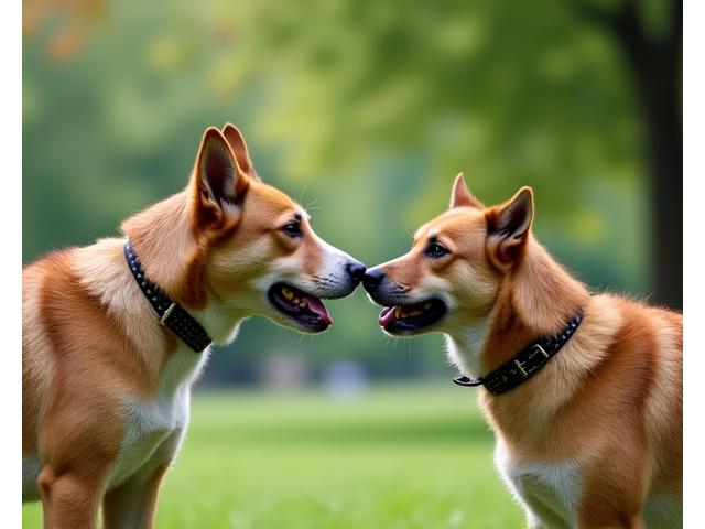 Max, un perro antes agresivo, ahora relajado y feliz oliendo a otro perro amigablemente en un paseo grupal