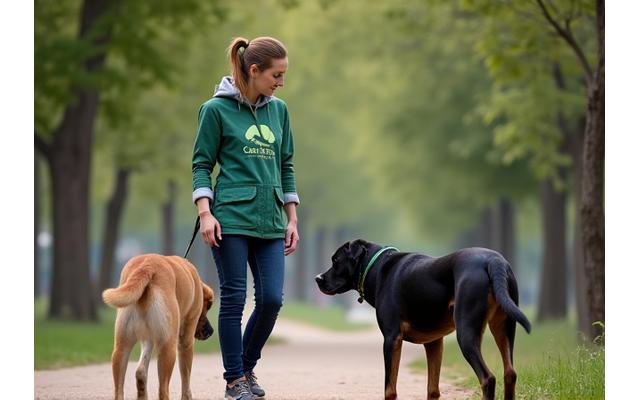 Paseador de CanTerra Walks observando atentamente a un grupo de perros interactuando, listo para intervenir si es necesario, en un parque de Madrid