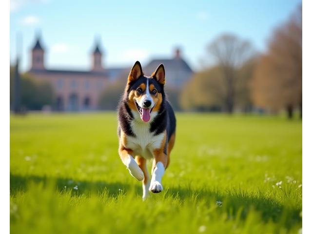 Perro adulto activo corriendo felizmente por un parque