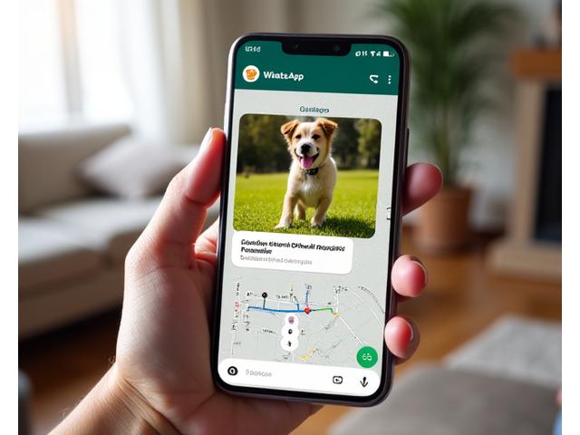 Mockup de pantalla de smartphone mostrando fotos y un reporte de paseo de perro enviado por WhatsApp