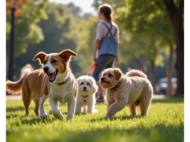 Grupo de perros de diferentes razas interactuando de forma amigable bajo la supervisión de un paseador