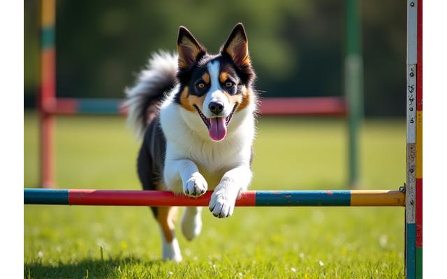 Perro saltando alegremente sobre un obstáculo bajo supervisión experta