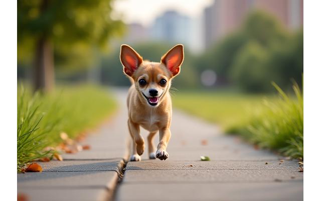 Chihuahua feliz haciendo un paseo corto y enérgico en un parque urbano
