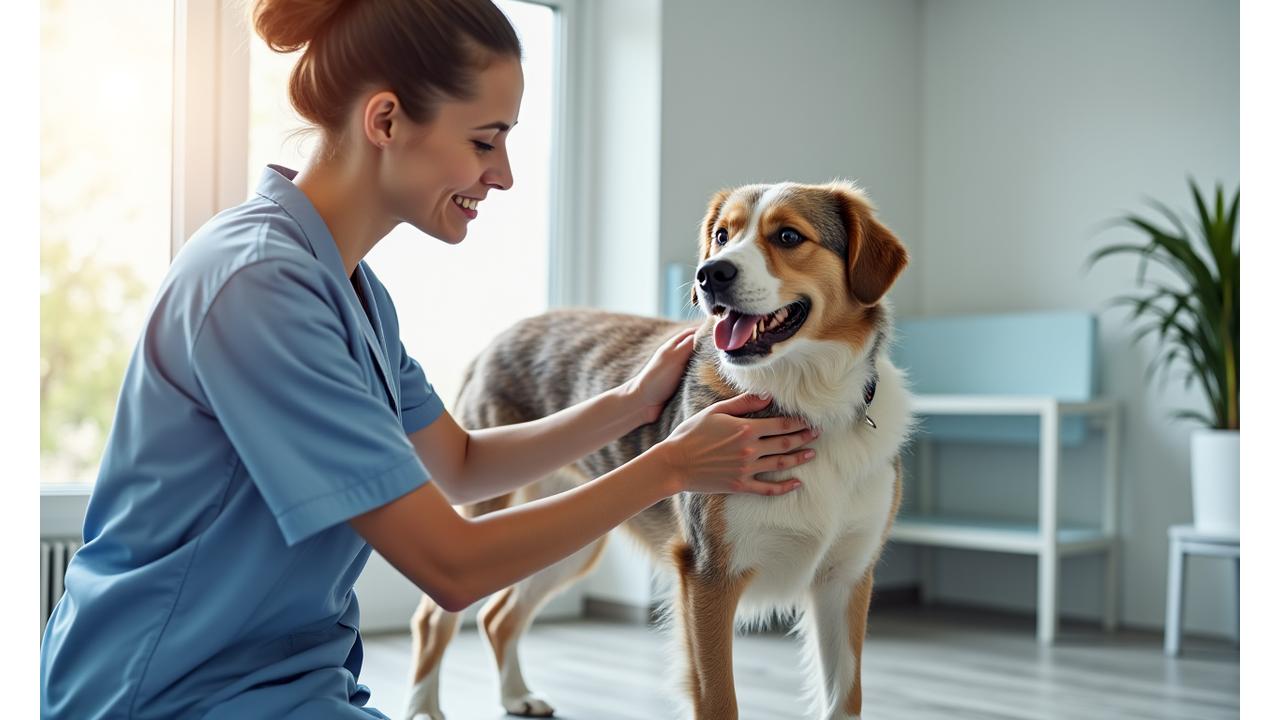 Veterinario realizando un chequeo de movilidad en un perro feliz en una clínica moderna