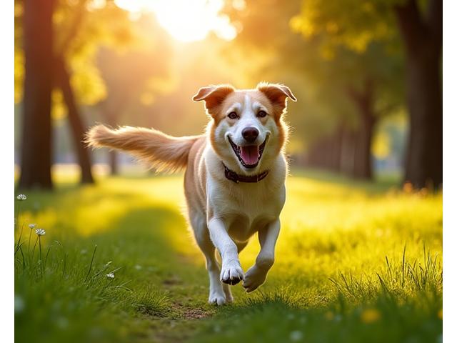 Perro atlético feliz corriendo en un sendero verde bajo el sol, con infografía de beneficios flotando transparentemente
