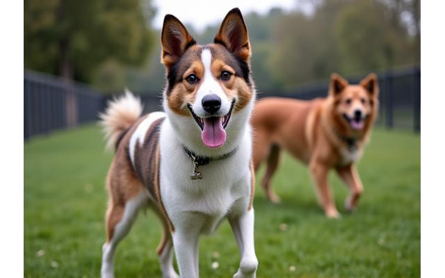 Perro mestizo feliz socializando tranquilamente con otros perros bajo supervisión