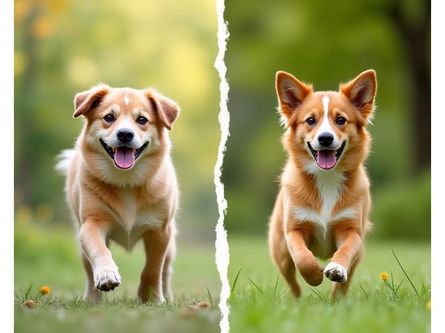 Perro sonriendo antes y después de una pérdida de peso saludable, mostrando un impacto positivo del ejercicio
