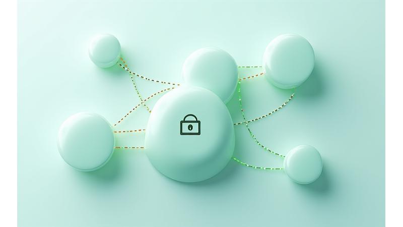 Una infografía de círculos conectados mostrando un flujo de datos seguro y encriptado