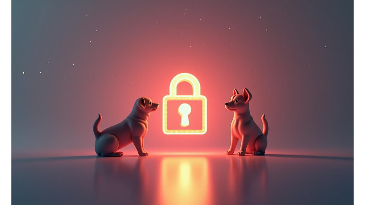 Un candado digital con siluetas de perros y personas, simbolizando la seguridad de datos y la confianza en CanTerra Walks