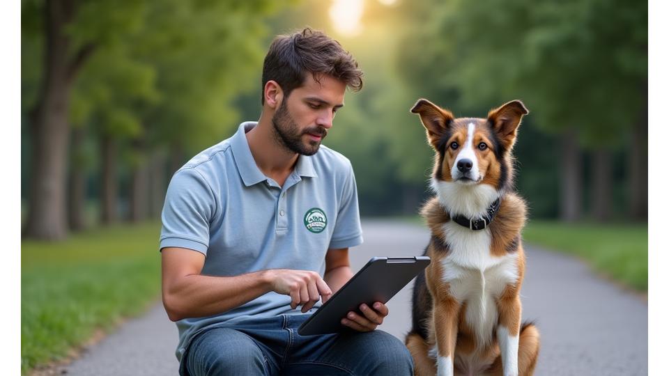 Un cuidador de CanTerra Walks revisando una lista de verificación de seguridad con un perro sentado pacientemente a su lado, en un ambiente profesional y organizado.