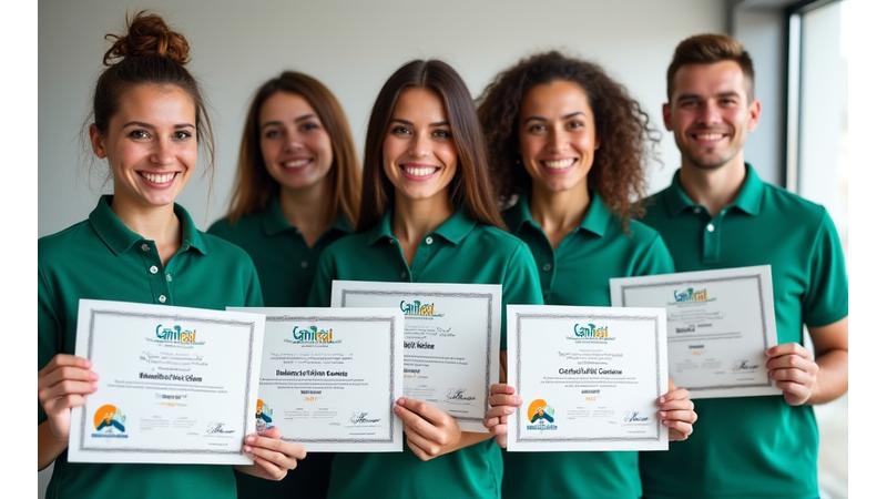 El equipo de CanTerra Walks mostrando sus certificados de capacitación en manejo animal y primeros auxilios.