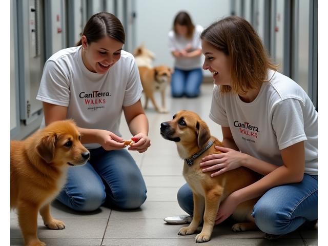 Voluntarios de CanTerra Walks interactuando con perros en un refugio de animales en Madrid, con jaulas limpias y juguetes a la vista.