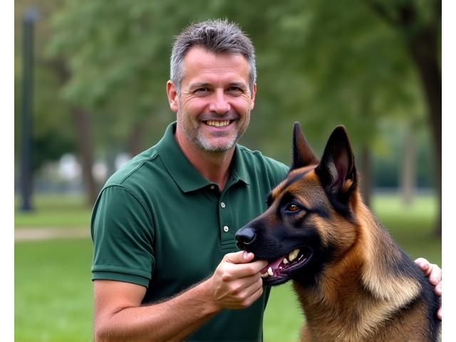 Carlos Ruiz, paseador y adiestrador, sonriendo junto a un perro de raza grande en un parque.