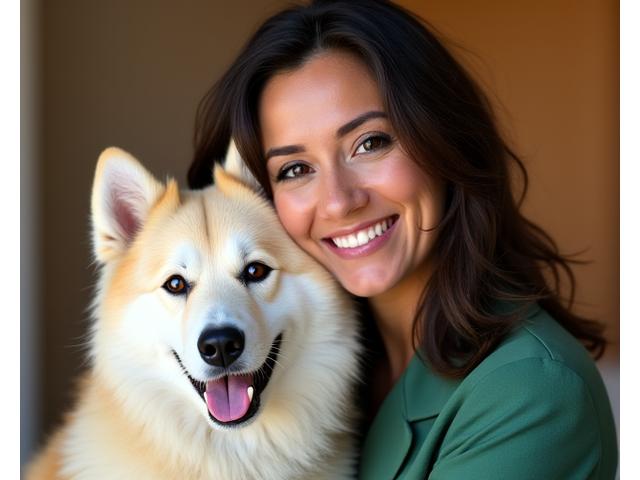 María Fernández, fundadora de CanTerra Walks, sonriendo mientras acaricia a un perro. 