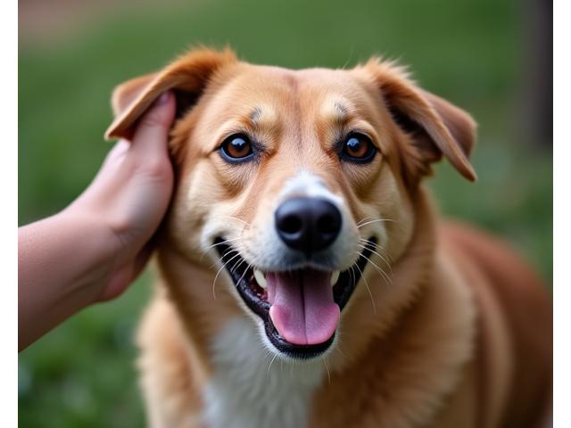 Un perro de raza mestiza mediana, sonriendo y siendo acariciado por una mano humana que representa un cuidado cariñoso, en un estilo limpio e ilustrativo.