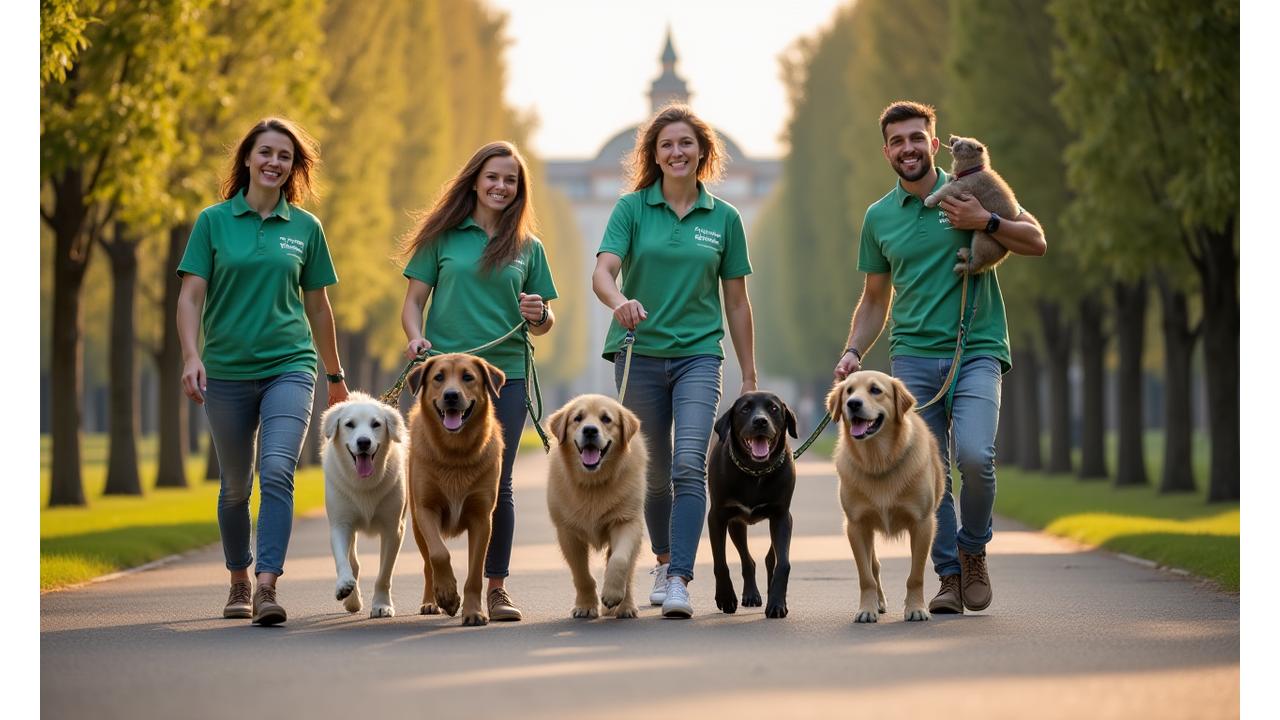 Un grupo de cuidadores de CanTerra Walks sonrientes y amigables, rodeados de perros felices en el Parque del Retiro de Madrid.
