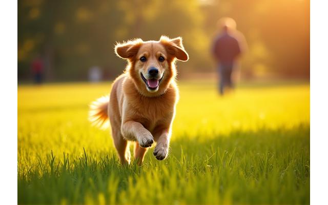 Un perro golden retriever feliz corriendo en un campo abierto, con un cuidador de CanTerra Walks a lo lejos, simbolizando libertad y cuidado.