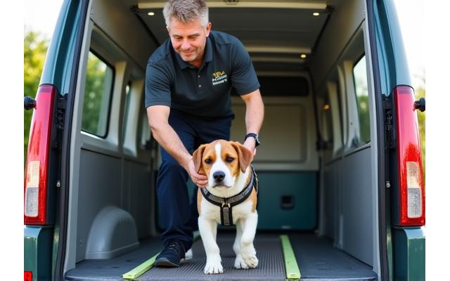 Un cuidador de CanTerra Walks ayudando a un perro a subir una rampa de seguridad a una furgoneta de transporte adaptada para mascotas.