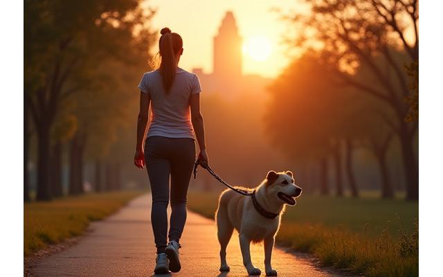 Fundadora de CanTerra Walks paseando a un perro en un parque temprano por la mañana, con el skyline de Madrid al fondo.
