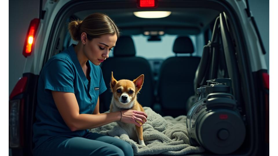 Mascota siendo atendida con cariño por un profesional en un vehículo de transporte de emergencia