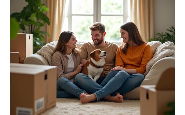 Familia feliz con perro en un nuevo hogar, cajas de mudanza en el fondo, transmitiendo sensación de alivio y bienestar